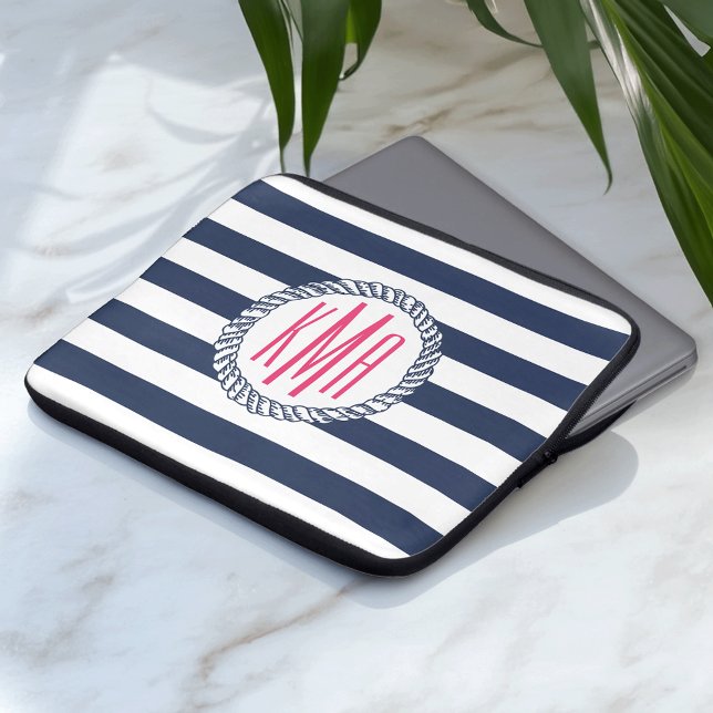 Preppy Nautical Navy & White Rand Rosa Monogram Laptop Fodral (Skapare uppladdad)