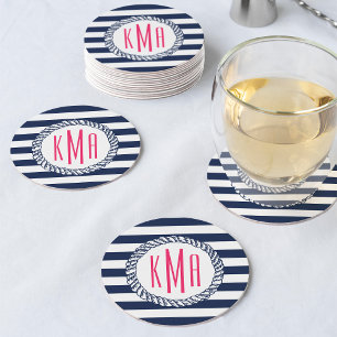 Preppy Nautical Navy & White Rand Rosa Monogram Underlägg Papper Rund