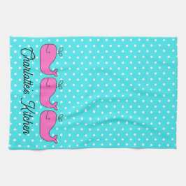 Preppy Nautical Pink and Aqua Whales Kökshandduk