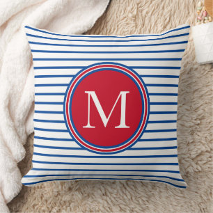 Preppy Nautical Red White och Blue Rand Monogram Kudde