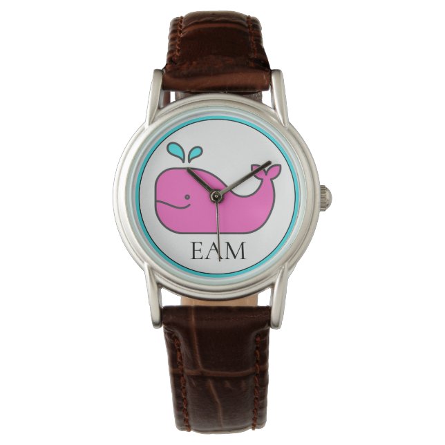 Preppy Nautical Rosa and Aqua Whale Monogram Armbandsur (Framsida)