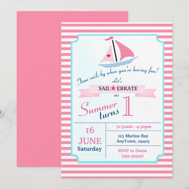 Preppy Nautical Rosa Sail Away Birthday for Girl Inbjudningar (Fram/baksida)