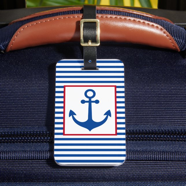Preppy Nautical Stripes and Anchor Personalized Bagagebricka (Framsida Insitu 2)