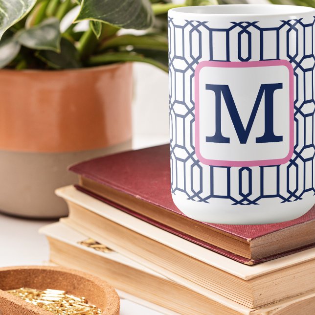 Preppy Navy Åttakantigt Mönster Monogram Kaffemugg (Skapare uppladdad)