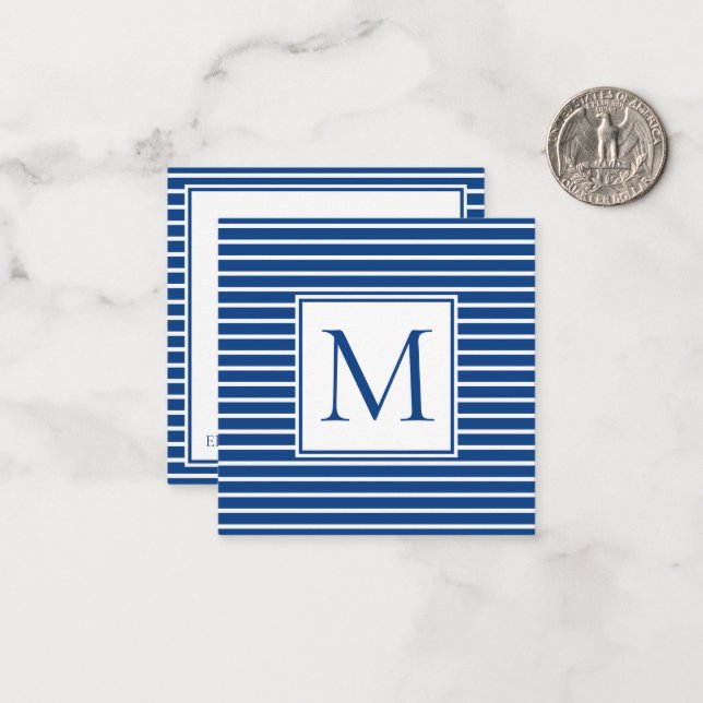 Preppy Navy Blue and White Rand Monogram Anteckningskort (Fram/Back In Situ)