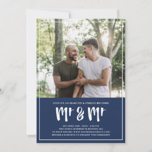 Preppy Navy Blue Mr & Brush Script Bröllop Inbjudningar