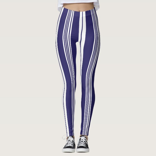 Preppy Navy Blue White Wide Deckcourt Rand Leggings (Framsida)