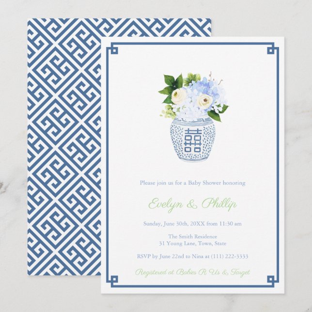 Preppy Navy & Chartreuse Pojk Babyshowerfest Inbjudningar (Fram/baksida)