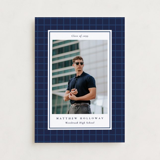Preppy Navy Grid One Photo Graduation Announcement Inbjudningar (Skapare uppladdad)