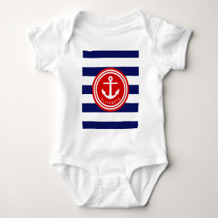 Preppy Navy Marin Randig Ankare Monogram på Röd Tee Shirt
