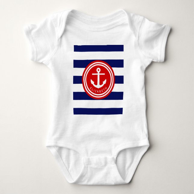 Preppy Navy Marin Randig Ankare Monogram på Röd Tee Shirt (Framsida)
