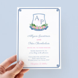 Preppy Navy och Rosa Monogram Vapensköld Bröllop Inbjudningar