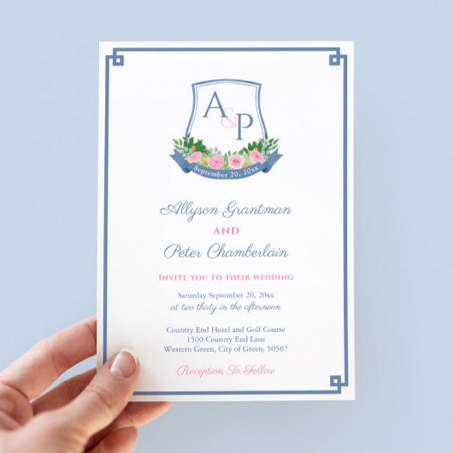 Preppy Navy och Rosa Monogram Vapensköld Bröllop Inbjudningar (Hand-painted in watercolor navy blue and bold pink roses monogram wedding crest save the date card)