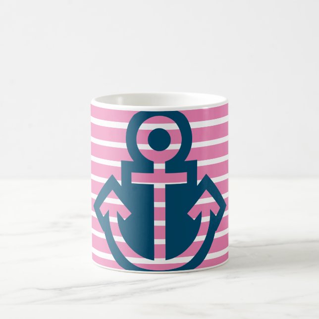 Preppy Navy och Rosa Stripe Anchor Mugg (Center)