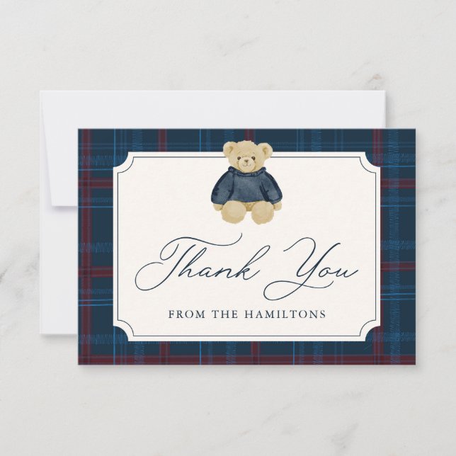 Preppy Navy Plaid Teddy Bear Baby Shower Tack Kort (Framsida)