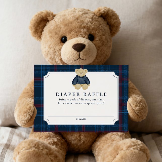 Preppy Navy Plaid Teddy Bear Diaper Raffle Tilläggskort (Skapare uppladdad)
