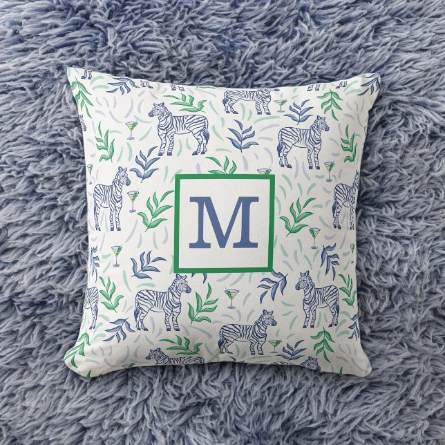 Preppy Navy Sebra Martini Vit Monogram  Kudde (Skapare uppladdad)