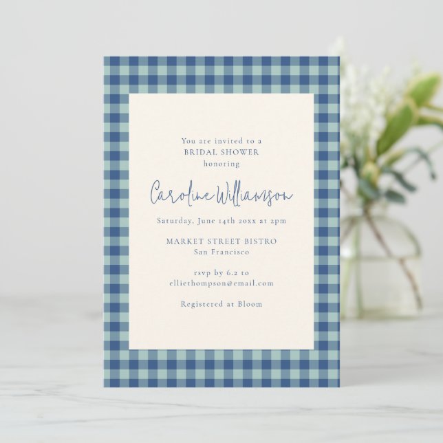 Preppy Navy Tealblå Gingham Rutig Bröllopsfestinla Inbjudningar (Stående Fram)