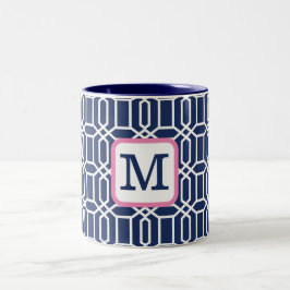 Preppy Navy White Octagon Geometric Monogram Två-Tonad Mugg