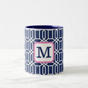 Preppy Navy White Octagon Geometric Monogram Två-Tonad Mugg
