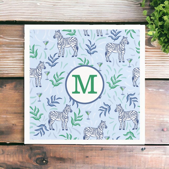 Preppy Navy Zebra Martinis Blue Monogram Pappersservett (Skapare uppladdad)