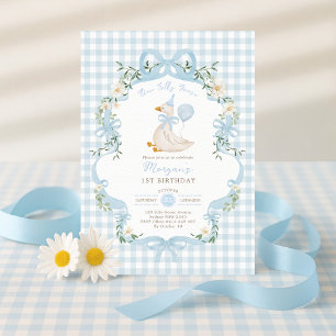 Preppy One Fånig Goose Blue Bow 1:a födelsedagen Inbjudningar