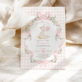 Preppy One Fånig Goose Rosa Bow Girl 1st Birthday Inbjudningar