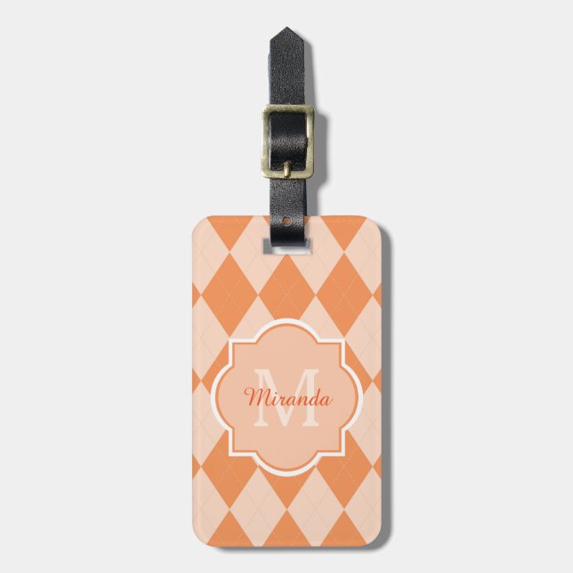Preppy Orange Argyle Girly Monogram och Namn Bagagebricka (Vertikal Framsida)