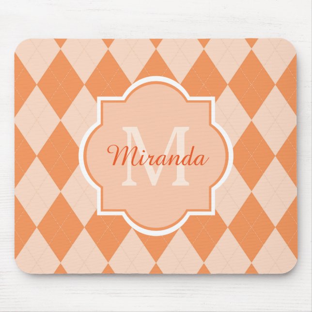 Preppy Orange Argyle Girly Monogram och Namn Musmatta (Framsidan)