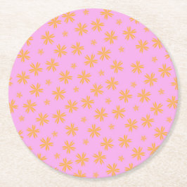 Preppy Orange Rosa Hippie Flower Mönster Underlägg Papper Rund