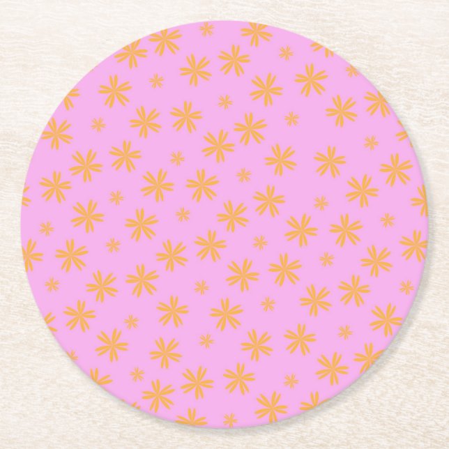Preppy Orange Rosa Hippie Flower Mönster Underlägg Papper Rund (Framsidan)