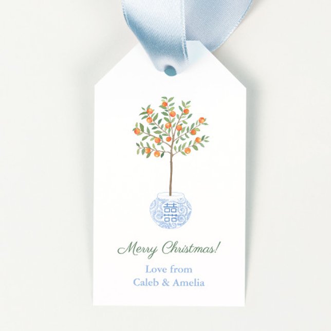 Preppy Orange Träd Chinoiserie Helgdagar Värdinna Presentetikett (Stylized chinoiserie citrus orange tree in ginger jar planter merry christmas gift tags)