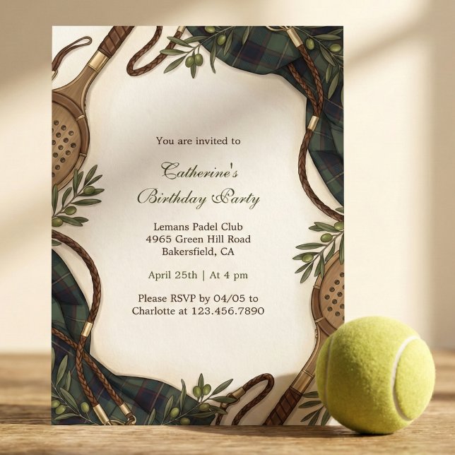 Preppy Padel Club Tartan Birthday Party Inbjudningar (Watercolor padel tennis birthday party invitation)