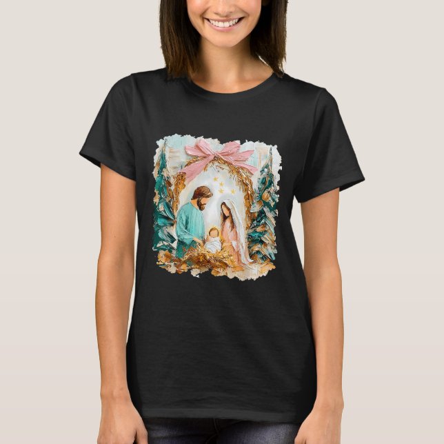 Preppy Painted Christian Nativity Scene God Faith  T Shirt (Framsida)