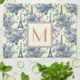 Preppy Paris Toile Rosa och Blue Monogram Kökshandduk