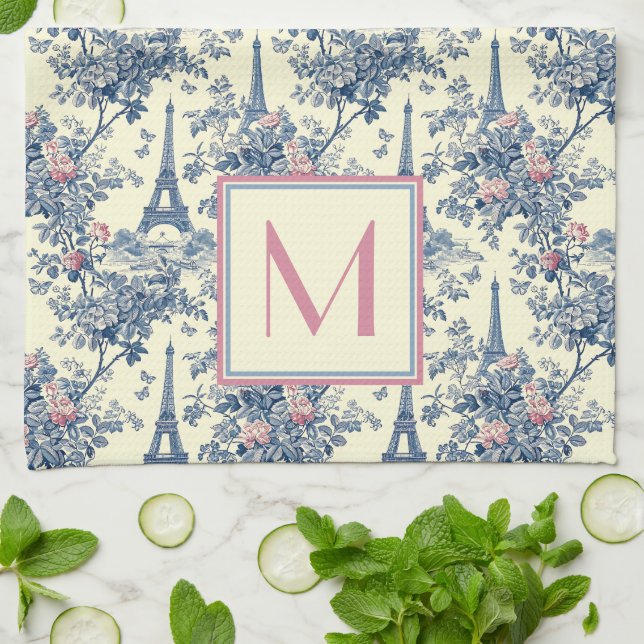 Preppy Paris Toile Rosa och Blue Monogram Kökshandduk (Vikta)