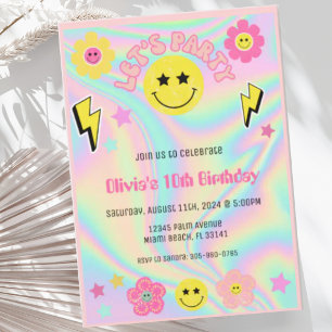 Preppy Pastel Rosa Y2K Lycklig Ansikte Party födel Inbjudningar