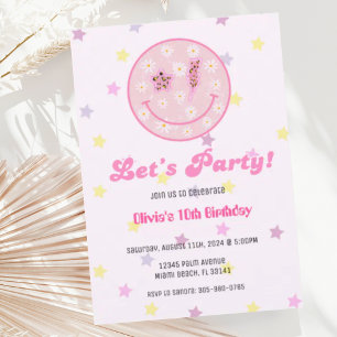 Preppy Pastel Rosa Y2K Lycklig Ansikte Party födel Inbjudningar
