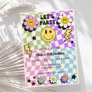 Preppy Pastel Y2K Retro Lycklig Ansikte Party föde Inbjudningar