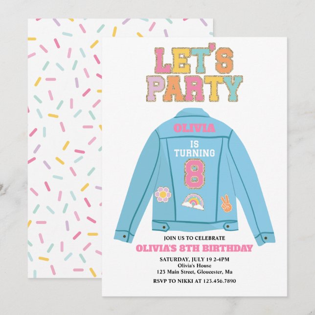 Preppy Patch denimjacka 8-årsdag Inbjudningar (Fram/baksida)