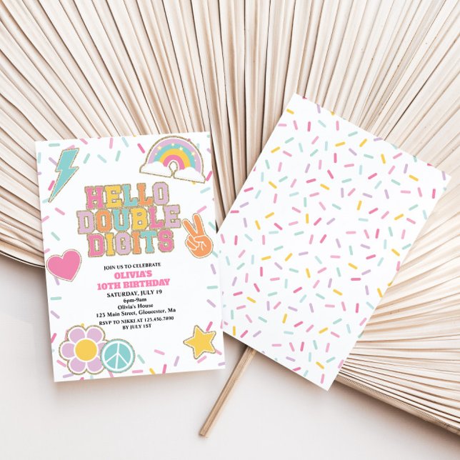 Preppy Patch Hello Dubbla Siffror 10-årsdag Inbjudningar (Skapare uppladdad)