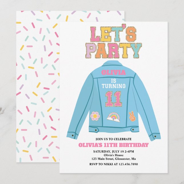 Preppy Patch Jean jacka 11:e födelsedagen Inbjudningar (Fram/baksida)
