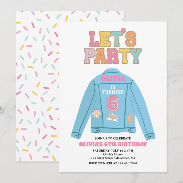 Preppy Patch jean jacka 6E Birthday Inbjudningar (Fram/baksida)