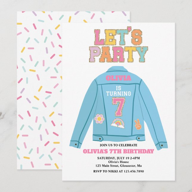 Preppy Patch jean jacka 7:E Birthday Inbjudningar (Fram/baksida)