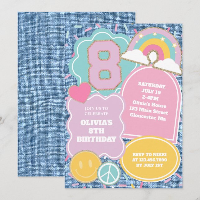 Preppy Patch jeans 8-års födelsedag Inbjudningar (Fram/baksida)