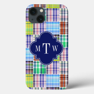 Preppy Patchwork Madras Navy Quatrefoil Monogram
