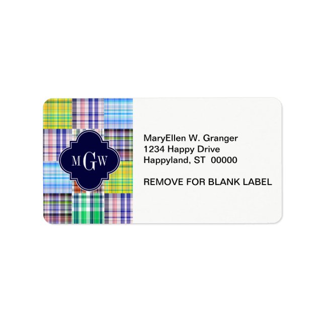 Preppy Patchwork Madras Navy Quatrefoil Monogram Adressetikett (Framsidan)