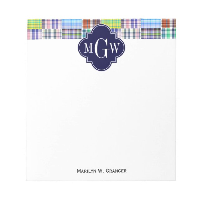 Preppy Patchwork Madras Navy Quatrefoil Monogram Anteckningsblock (Framsida)