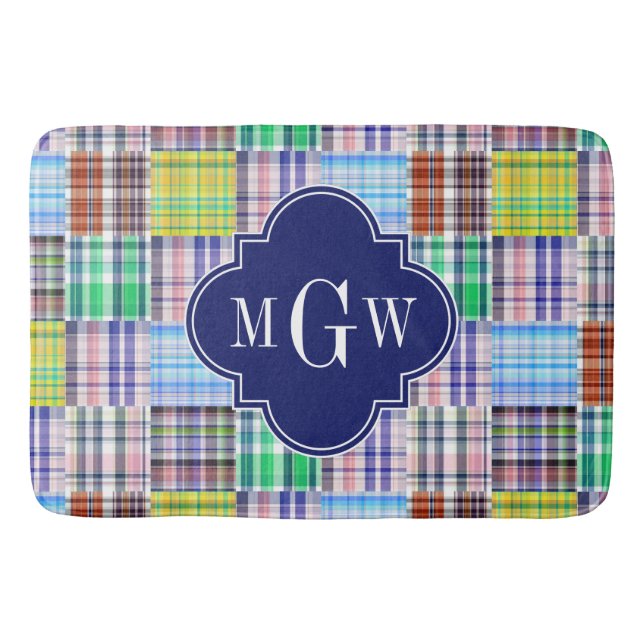 Preppy Patchwork Madras Navy Quatrefoil Monogram Badrumsmatta (Framsidan)