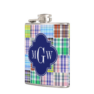 Preppy Patchwork Madras Navy Quatrefoil Monogram Fickplunta